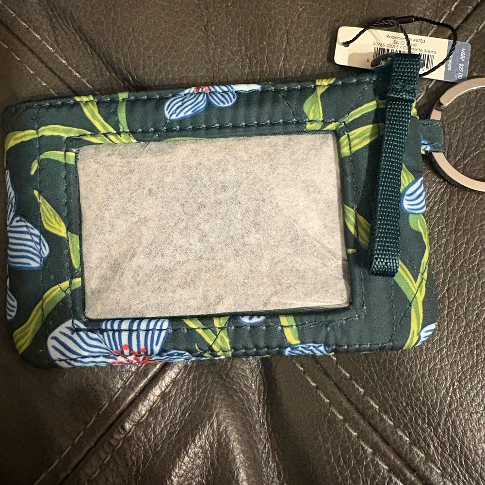 Vera Bradley Teal Floral Quilted ID Case with Green Leaf Accents -Charlotte Stem